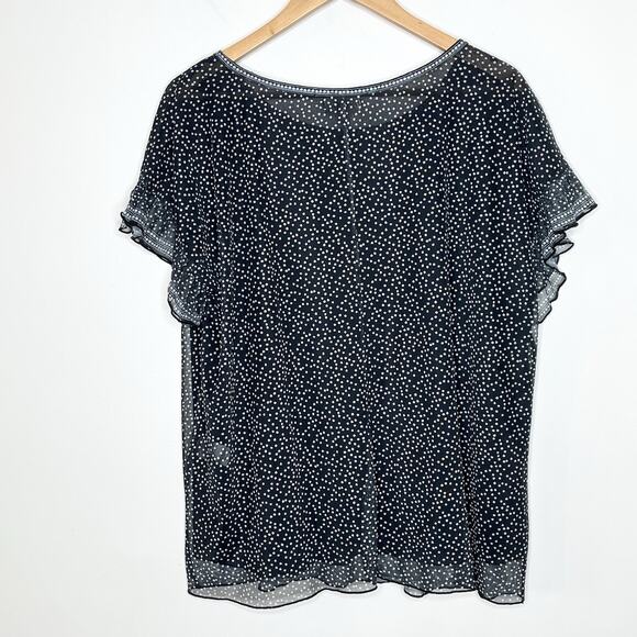 Polka Dot Ruffled Mesh Short Sleeve Top Black Womens 1X Max Studio Preppy Work - Picture 6 of 6
